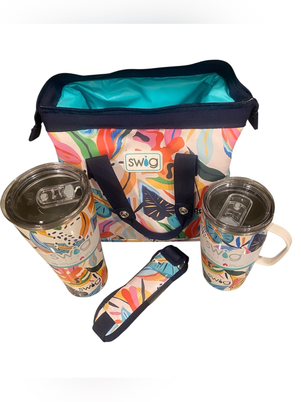 Swig Life Paradise pattern insulated cooler bag set with matching tumblers.